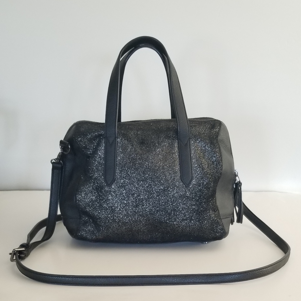 FOSSIL "Sydney" Gunmetal Glitter Black Leather Satchel Crossbody